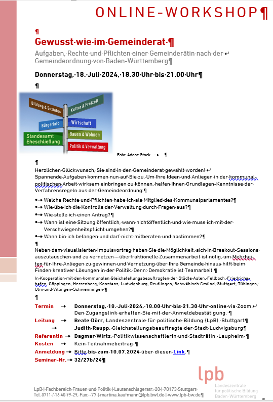 Online-Workshop „Gewusst wie im Gemeinderat. Aufgaben, Rechte und Pflichten einer Gemeinderätin nach der Gemeindeordnung von Baden-Württemberg“